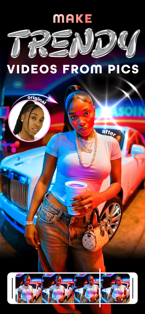 AI Maker: Photo Art Generator - Una comparación de antes y después que muestra una selfie transformada en un fotograma de video de IA de alta moda con iluminación y filtros artísticos.