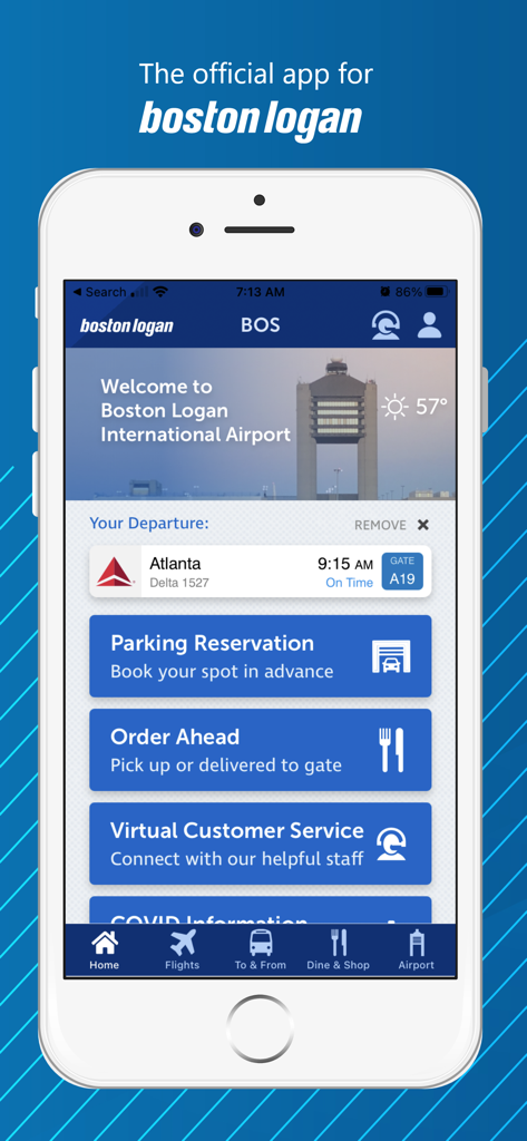 FlyLogan mobile app dashboard with flight tracking and parking booking