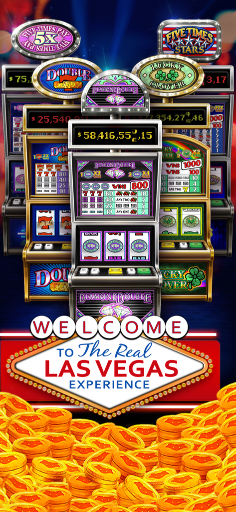 Slots - Classic Vegas - Máquinas tragamonedas clásicas de tres rodillos con el letrero de bienvenida de Las Vegas y monedas de oro