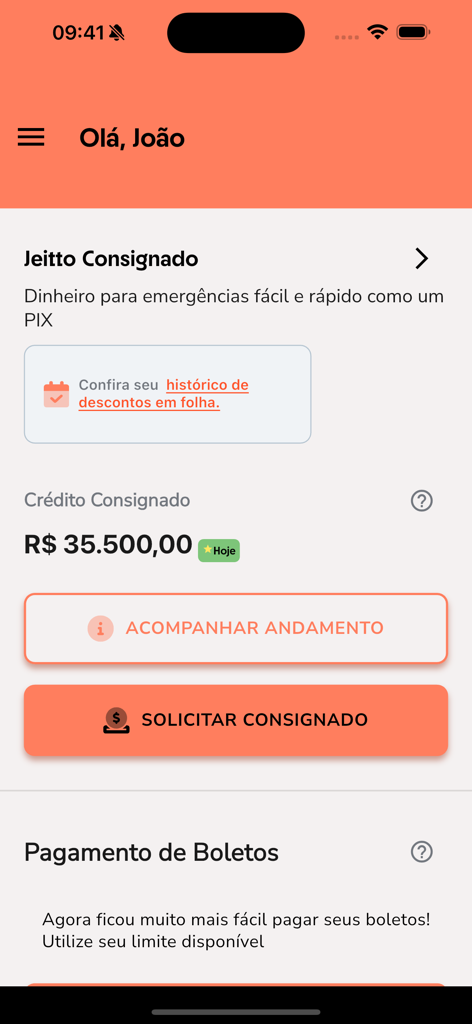 Panel de la aplicación Jeitto Consignado mostrando un límite de crédito disponible de 35,500 reales y un botón para solicitar un préstamo.