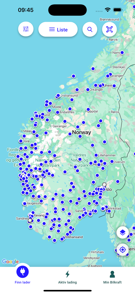 Bilkraft app interface showing a map of Norway with blue markers for electric vehicle charging stations