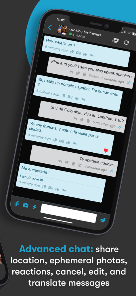 Omolink App - Omolink dating app screenshot showing a bilingual chat with message translation and reactions.