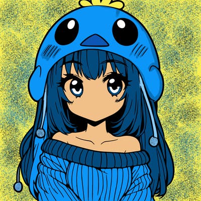 anime girl with chick shaped hat with sweater with bare shoulders with bangs covering them one eye with low tail
