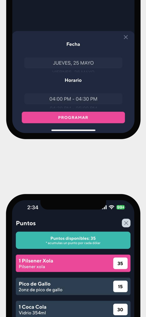 Xolos Mexican Food - Interface of Xolos Mexican Food app showing the order scheduling screen and the loyalty points rewards list.