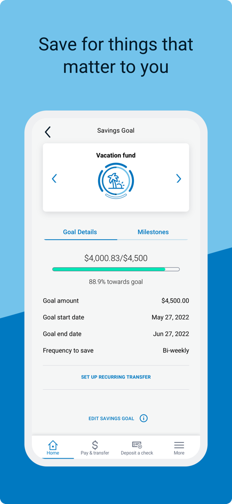 BMO Digital Banking app screenshot showing a vacation fund savings goal progress tracker