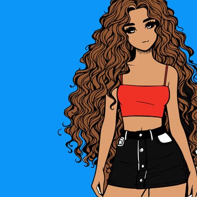 realistic girl with long curly hair with mini skirt and crop top
