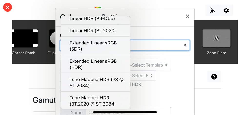 Patterns Mobile - Interface do aplicativo Patterns Mobile mostrando um menu suspenso para selecionar espaços de cores HDR e SDR para calibração de display.