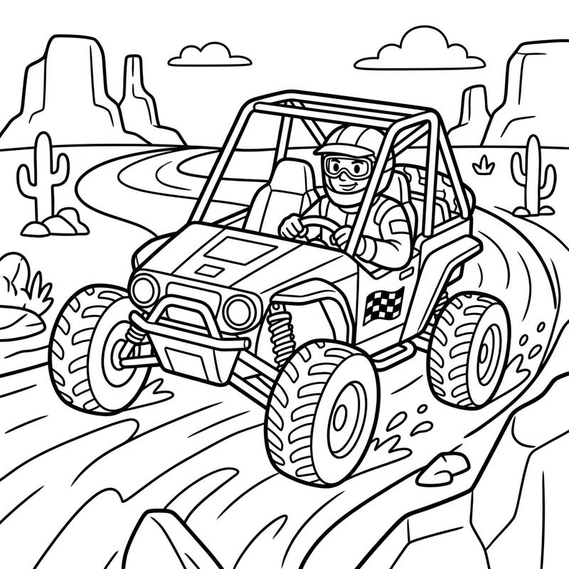 Little speedsters will love coloring this exciting off-road racer buggy, complete with a smiling driver ready for adventure. Designed with thick lines and large areas, it's perfect for toddlers to develop their motor skills and creativity.