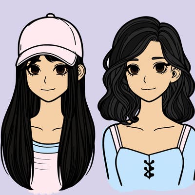two girls one with cap long hair other girly medium hair realistic.