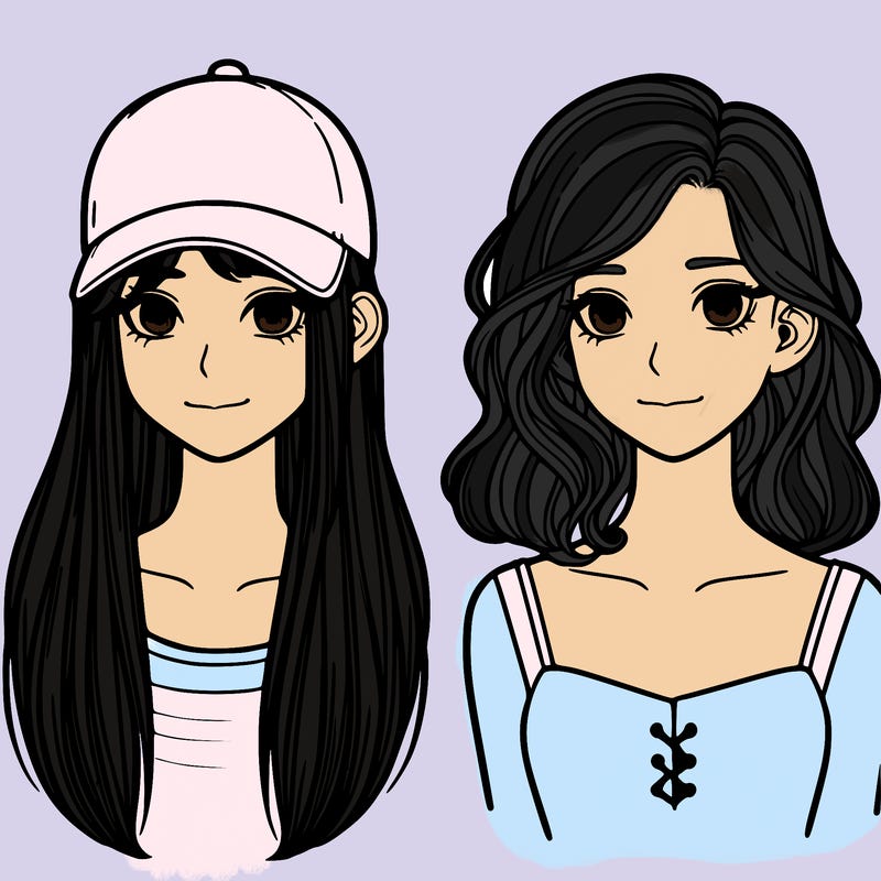 two girls one with cap long hair other girly medium hair realistic.