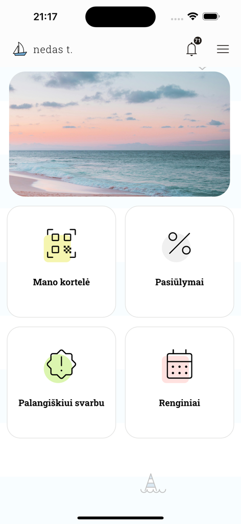 e.Palanga - e.Palangaモバイルアプリのホーム画面、住民カード、オファー、地域アップデート、イベントのダッシュボードタイルを表示