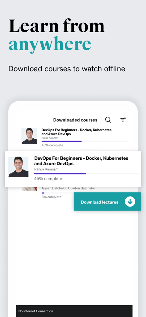 Udemy Online Video Courses - Udemy App-Oberfläche, die heruntergeladene Kurse zur Offline-Ansicht zeigt.