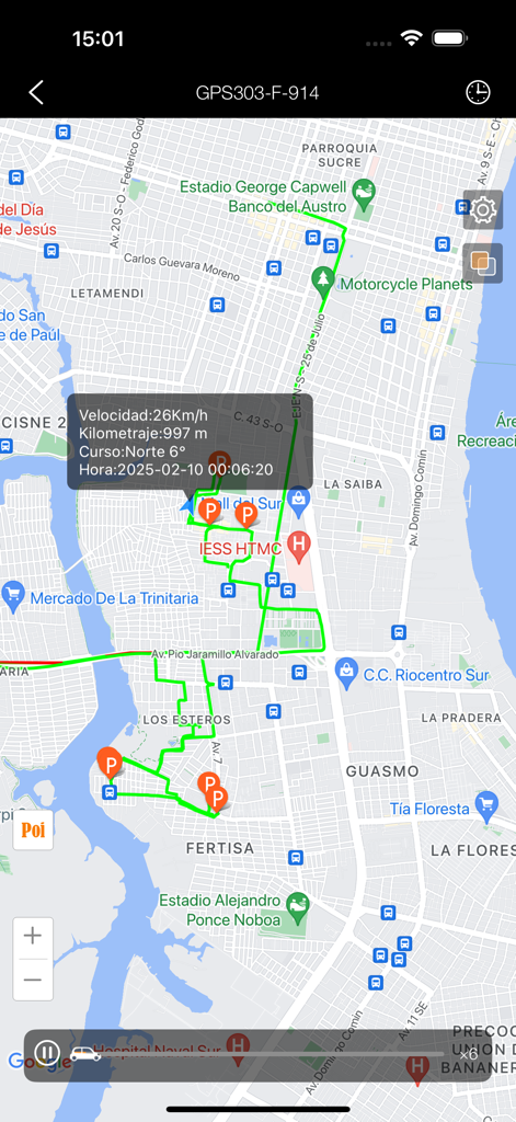 Visualización del rastreo GPS de vehículos en tiempo real y el historial de rutas en un mapa de ciudad