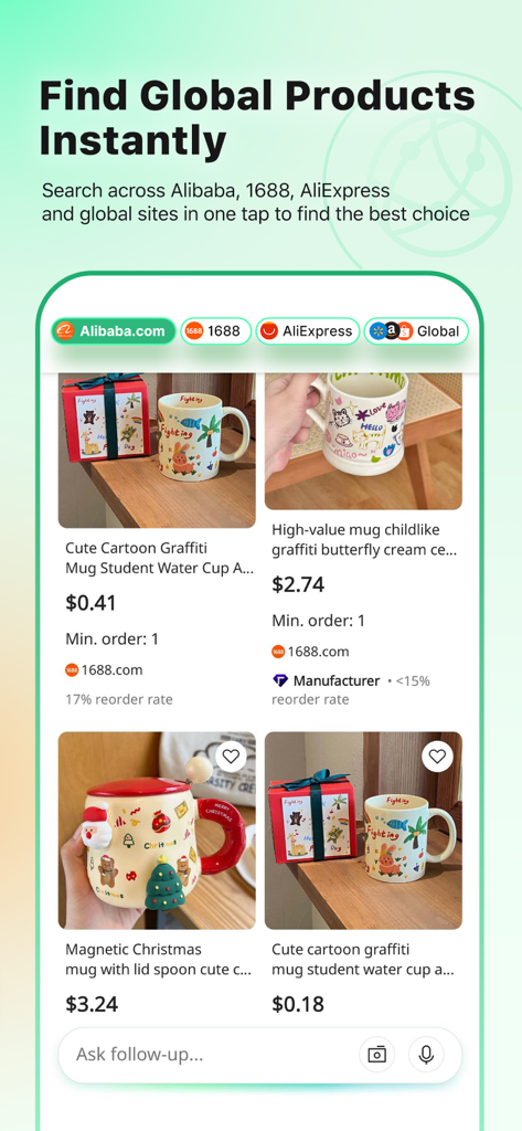 Accio app screen displaying search results for global products across Alibaba and 1688 platforms