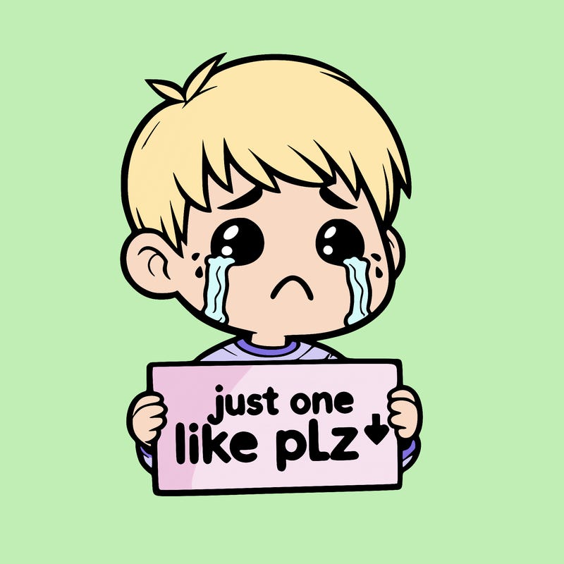 realistic crying boy with a sign saying just one like plz