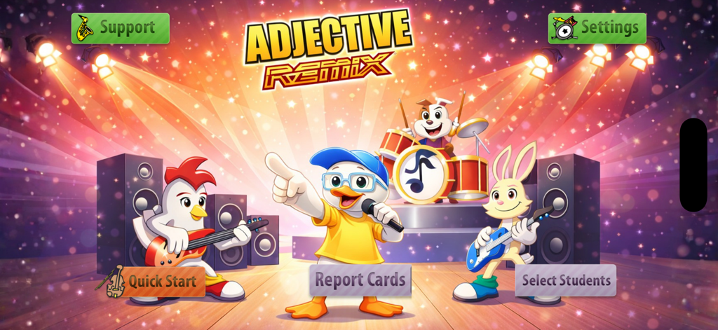 Adjective Remix - La pantalla de inicio de Adjective Remix mostrando una banda de animales de dibujos animados en un escenario con botones de menú para inicio y tarjetas de informes