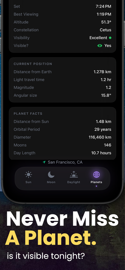 Solstix - Interface of Solstix app showing planet visibility status and detailed astronomical data