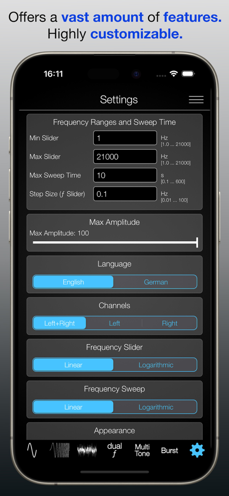 Advanced settings menu of the Audio Function Generator app showing frequency ranges sweep time and channel selection options