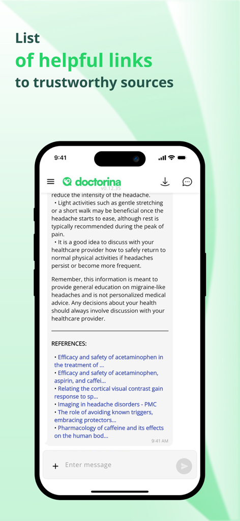 Doctorina Health - A smartphone showing the Doctorina Health app interface with a list of links to trustworthy medical research and educational health sources.