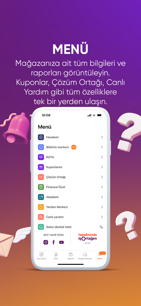 Hepsiburada İş Ortağım - A interface do menu do aplicativo parceiro de negócios Hepsiburada mostrando ferramentas de gerenciamento de vendedor e relatórios financeiros