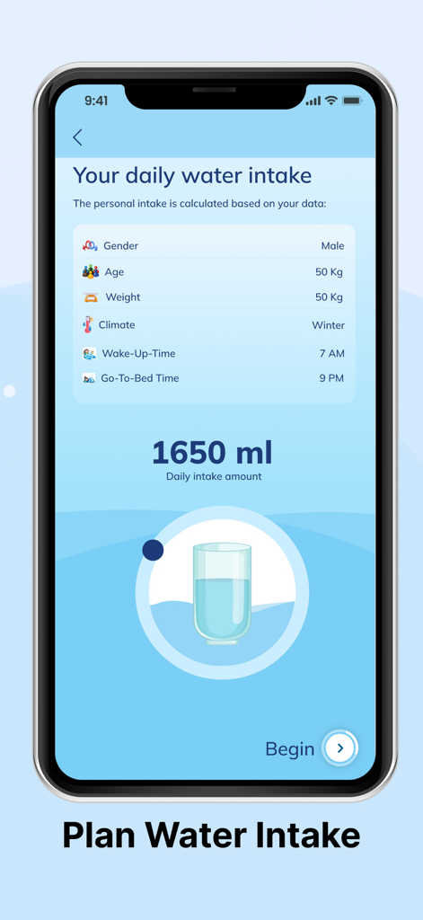 Drink Water Reminder & intake - Un smartphone que muestra el cálculo personalizado de la ingesta diaria de agua según el peso, el clima y el horario de sueño.