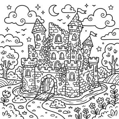 Step into a world where ancient history meets adorable charm with this unique kawaii ruined castle coloring page. Discover crumbling walls adorned with cute vines and surrounded by a whimsical landscape, perfect for a relaxing creative escape.