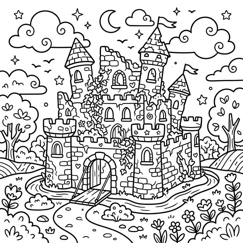 Step into a world where ancient history meets adorable charm with this unique kawaii ruined castle coloring page. Discover crumbling walls adorned with cute vines and surrounded by a whimsical landscape, perfect for a relaxing creative escape.