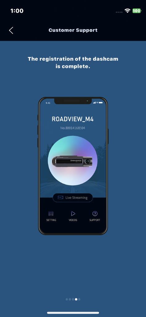 ROADVIEW - Smartphone screen showing the completed registration message for the Roadview M4 dashcam.