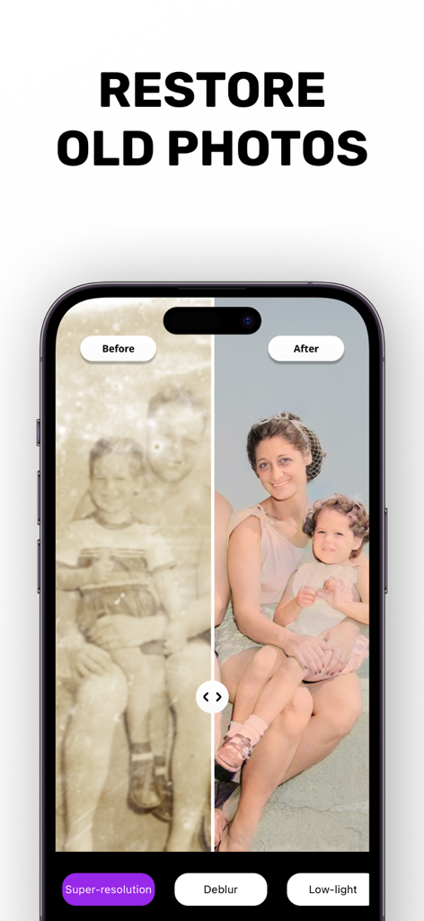 Comparación del antes y después de una foto antigua descolorida restaurada a alta calidad usando Goru AI.