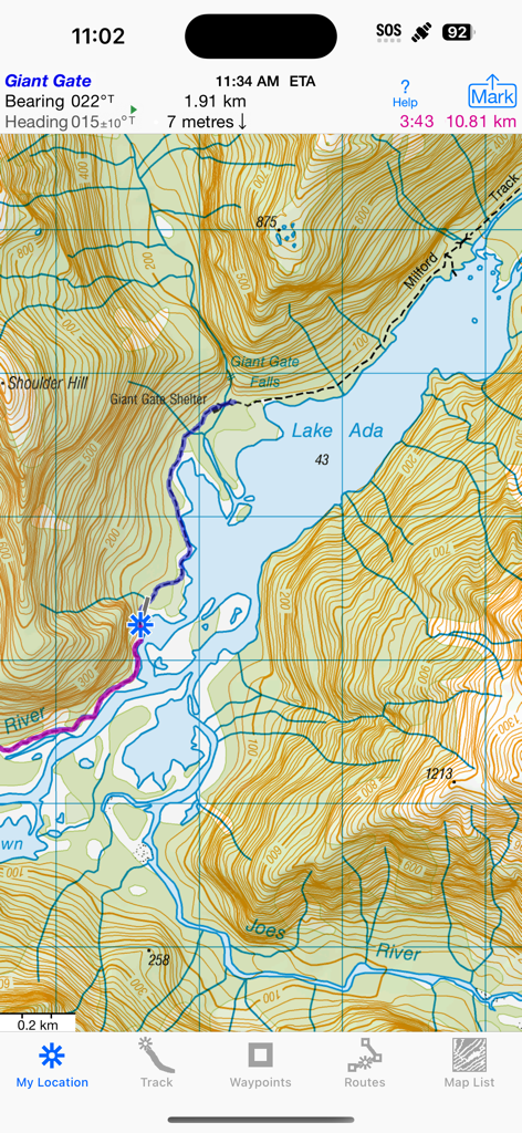 iHikeGPS NZ : LINZ Topo Maps - Exibição de mapa topográfico da Milford Track perto do Lago Ada no aplicativo iHikeGPS NZ