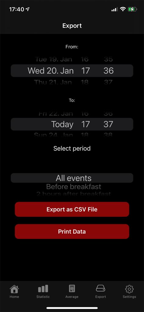 Export screen of the blood sugar diary app featuring date range selectors and buttons for CSV export and data printing.