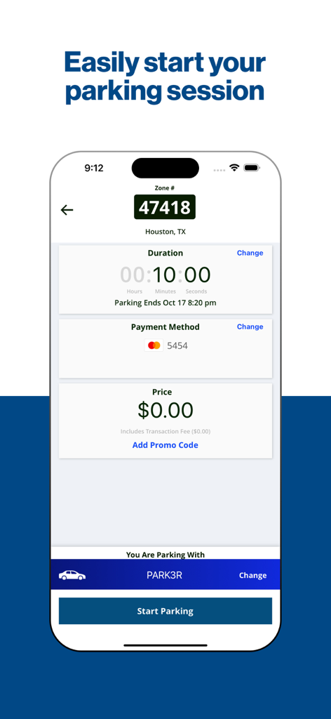ParkHouston app interface for starting a parking session showing zone number duration and payment method
