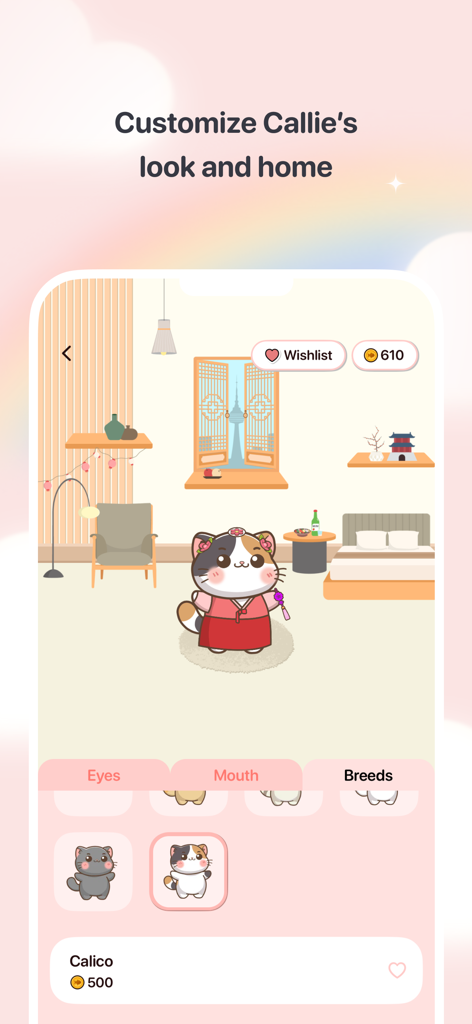 A screenshot showing how to customize the Callie cat character and its room with different breeds and outfits in a cozy aesthetic.
