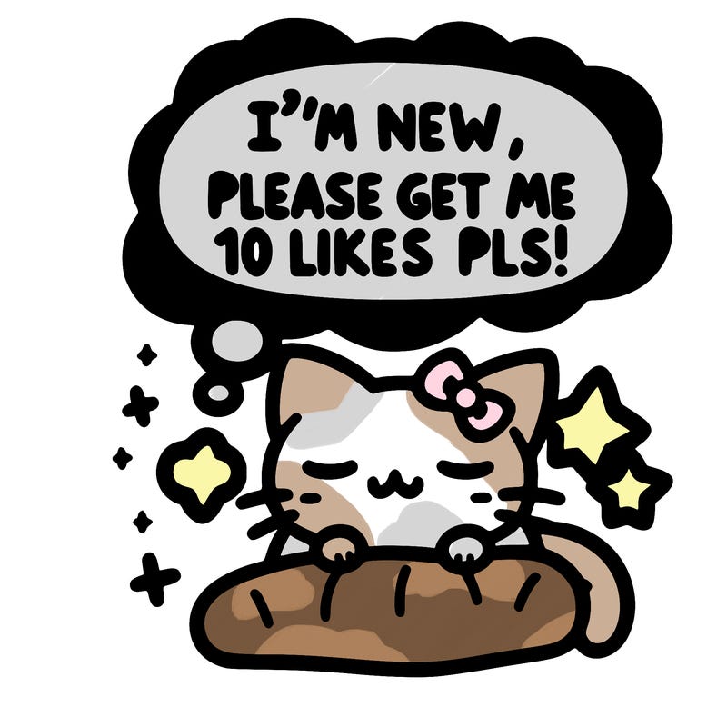 kitty taking a nap dream talking and saying "i'm new, please get me at least 10 likes pls!!"