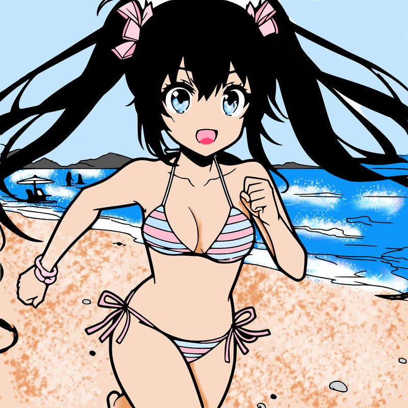 a anime girl in a bikini running on the beach