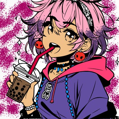 hot baddie anime girl drinking boba and biting the straw