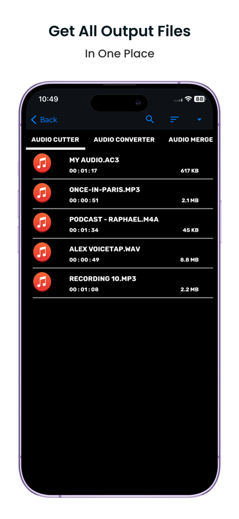 A list of processed audio files in the app showing various formats like MP3 and WAV with file sizes