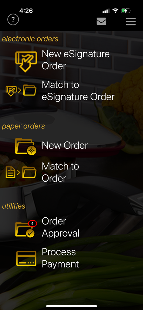 DocuCite - DocuCite mobile app dashboard showing options for electronic orders paper orders and payment processing