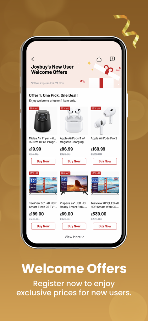Joybuy-Don't just buy, Joybuy! - Joybuy mobile app interface showing exclusive new user welcome offers and discounts on electronics like AirPods and smart TVs