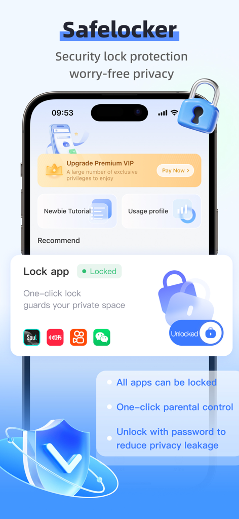 应用软件锁-软件锁、app lock、应用锁+ - Interfaz de la app Safe Locker mostrando funciones de bloqueo de seguridad y opciones de control parental para la privacidad móvil
