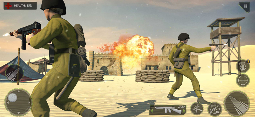 Gameplay of Call of Army WW2 Shooter showing soldiers in a desert environment during a mission