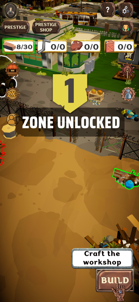 Apocalypse City Builder - Una captura de pantalla del juego Constructor de Ciudades Apocalípticas que muestra la zona uno desbloqueada y una indicación de creación en el taller