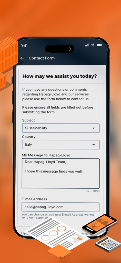 Hapag-Lloyd Mobile App - Kundenkontaktformular in der Hapag-Lloyd Mobile App
