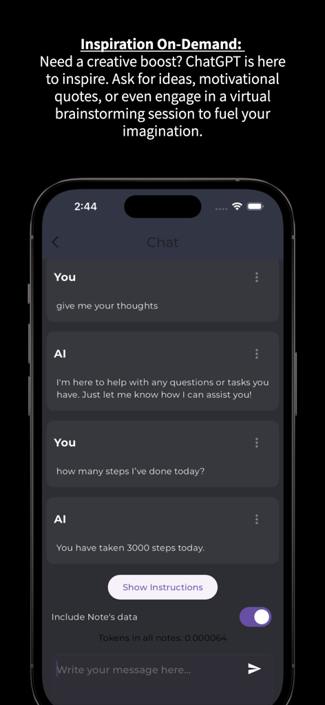 Chrono(Offline note-taking)GPT - Interface of the Chrono app showing a chat with an offline AI assistant for creative inspiration and task tracking