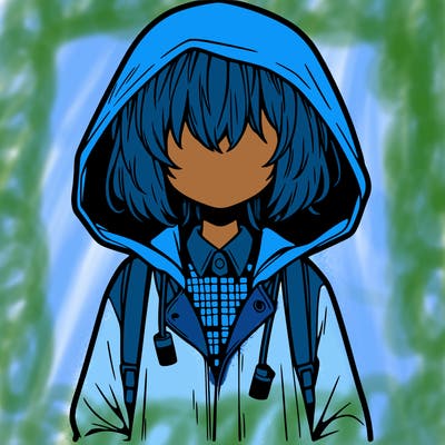little anime girl in a raincoat her hair is covering her eyes she has a lighter