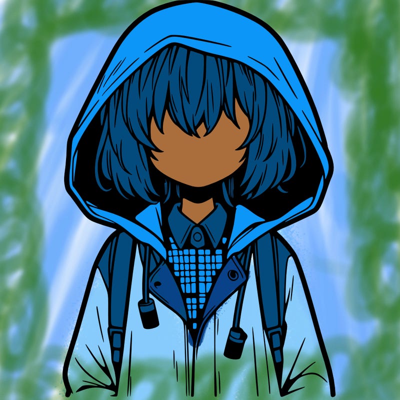 little anime girl in a raincoat her hair is covering her eyes she has a lighter