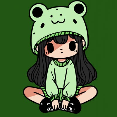 a girl wearing a frog hat and some frog socks
