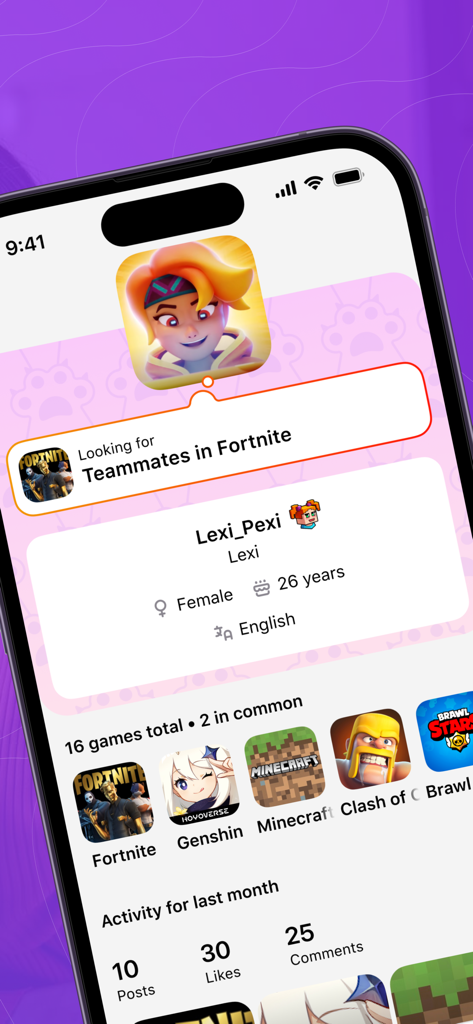 Gameram: Find gaming teammates - Un profil utilisateur sur l'application Gameram montrant un gamer cherchant des coéquipiers dans Fortnite avec une liste de jeux partagés comme Genshin Impact et Minecraft.