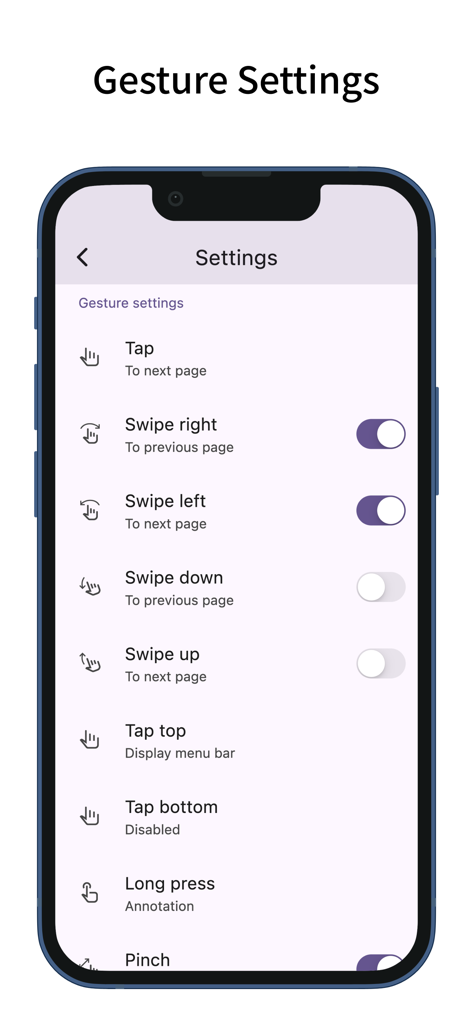 ScorePDF: Sheet Music Viewer - Gesture settings screen in the ScorePDF app showing customization for taps and swipes to turn sheet music pages