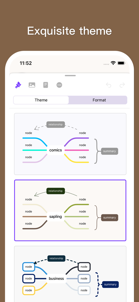 MindSpace - Mind Map - Interface of MindSpace app showcasing multiple mind map theme options including comics and business styles